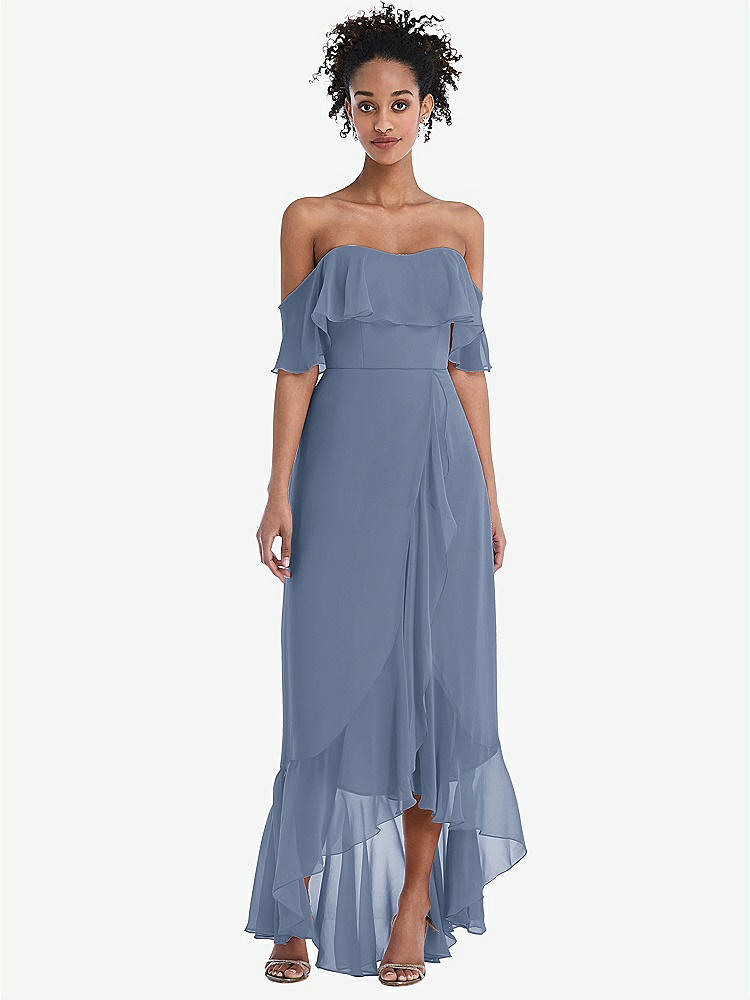 【STYLE: TH039】Off-the-Shoulder Ruffled High Low Maxi Dress【COLOR: Larkspur Blue】