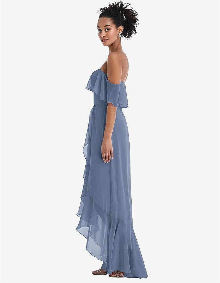 【STYLE: TH039】Off-the-Shoulder Ruffled High Low Maxi Dress【COLOR: Larkspur Blue】