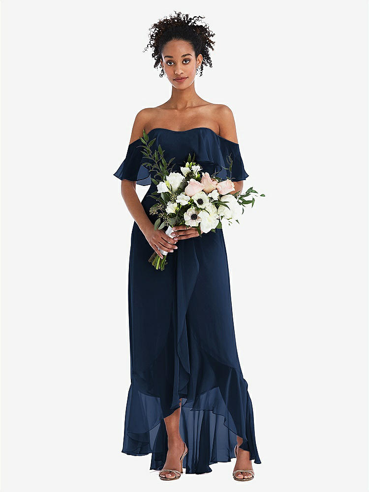 【STYLE: TH039】Off-the-Shoulder Ruffled High Low Maxi Dress【COLOR: Midnight Navy】