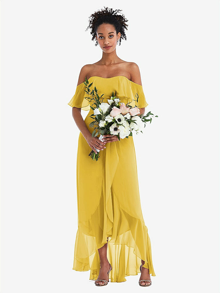 【STYLE: TH039】Off-the-Shoulder Ruffled High Low Maxi Dress【COLOR: Marigold】