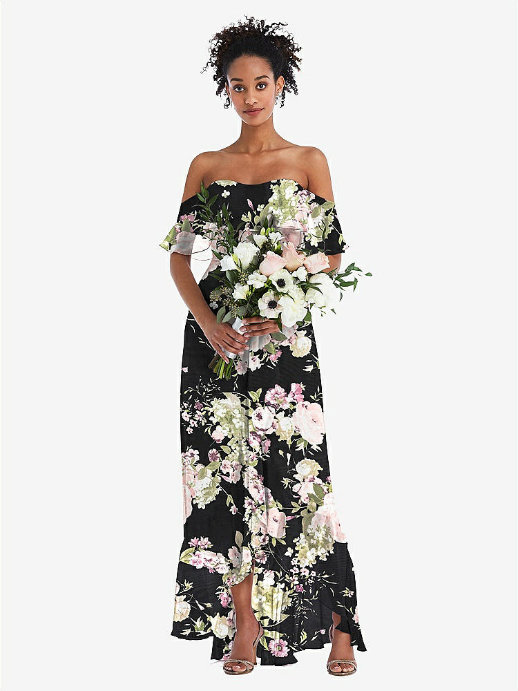 【NEW】【STYLE: TH039】オフショルダー フリル 高 低 マキシ ドレス【COLOR: Noir Garden】【SIZE: 00-30W】