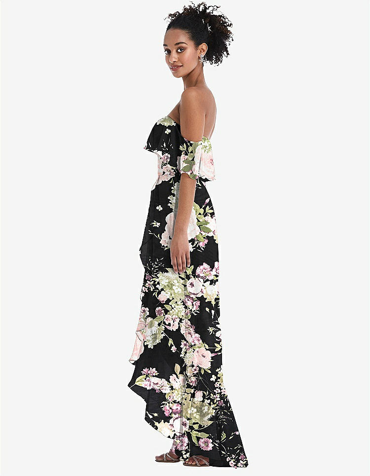 【NEW】【STYLE: TH039】オフショルダー フリル 高 低 マキシ ドレス【COLOR: Noir Garden】【SIZE: 00-30W】