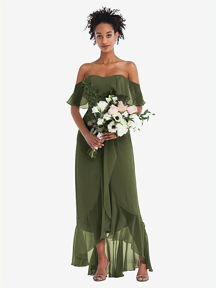 【STYLE: TH039】Off-the-Shoulder Ruffled High Low Maxi Dress【COLOR: Olive Green】