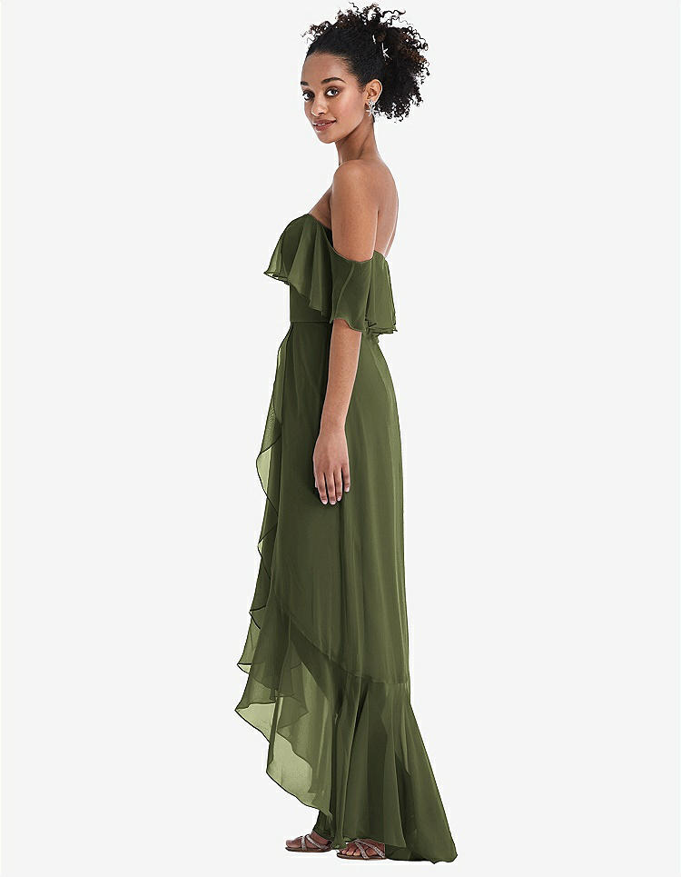 【STYLE: TH039】Off-the-Shoulder Ruffled High Low Maxi Dress【COLOR: Olive Green】