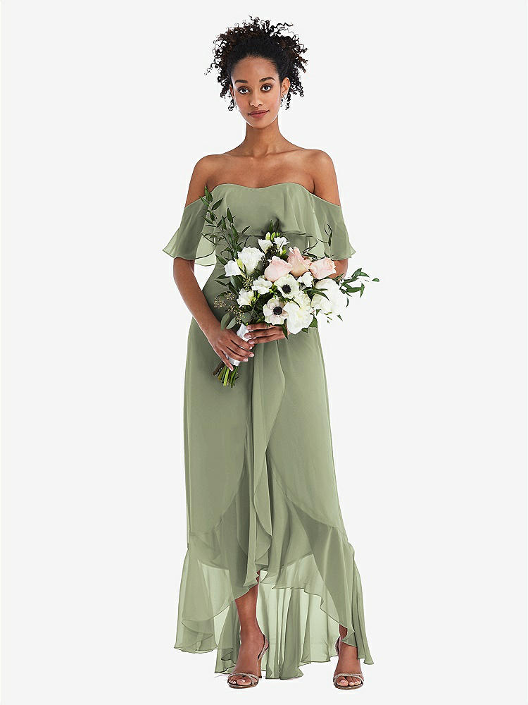 【STYLE: TH039】Off-the-Shoulder Ruffled High Low Maxi Dress【COLOR: Sage】