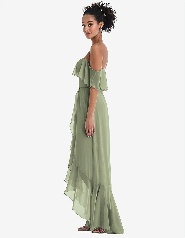 【STYLE: TH039】Off-the-Shoulder Ruffled High Low Maxi Dress【COLOR: Sage】