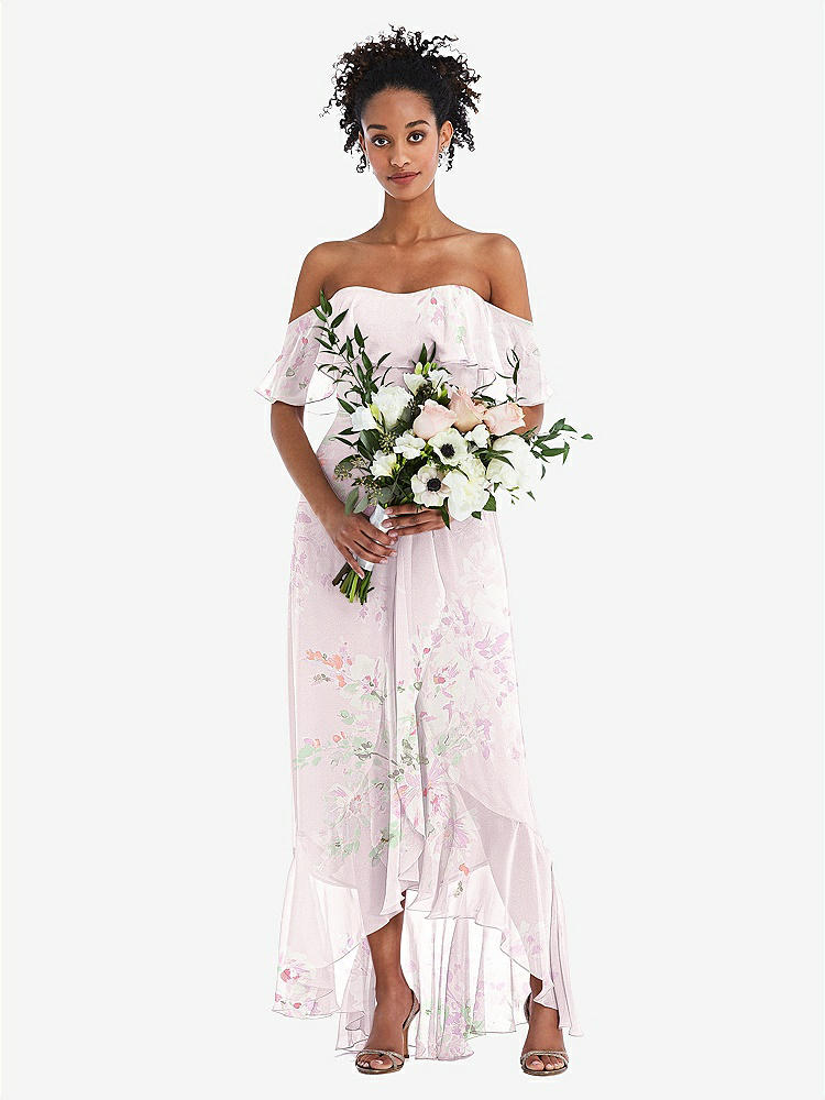 【STYLE: TH039】Off-the-Shoulder Ruffled High Low Maxi Dress【COLOR: Watercolor Print】