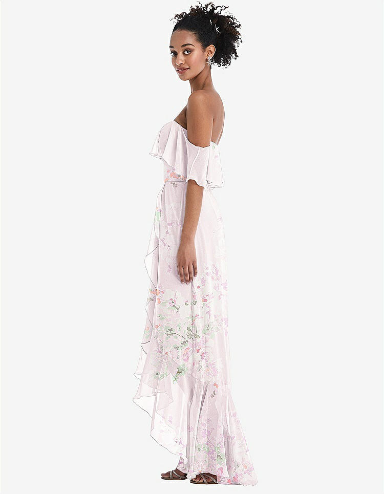 【STYLE: TH039】Off-the-Shoulder Ruffled High Low Maxi Dress【COLOR: Watercolor Print】