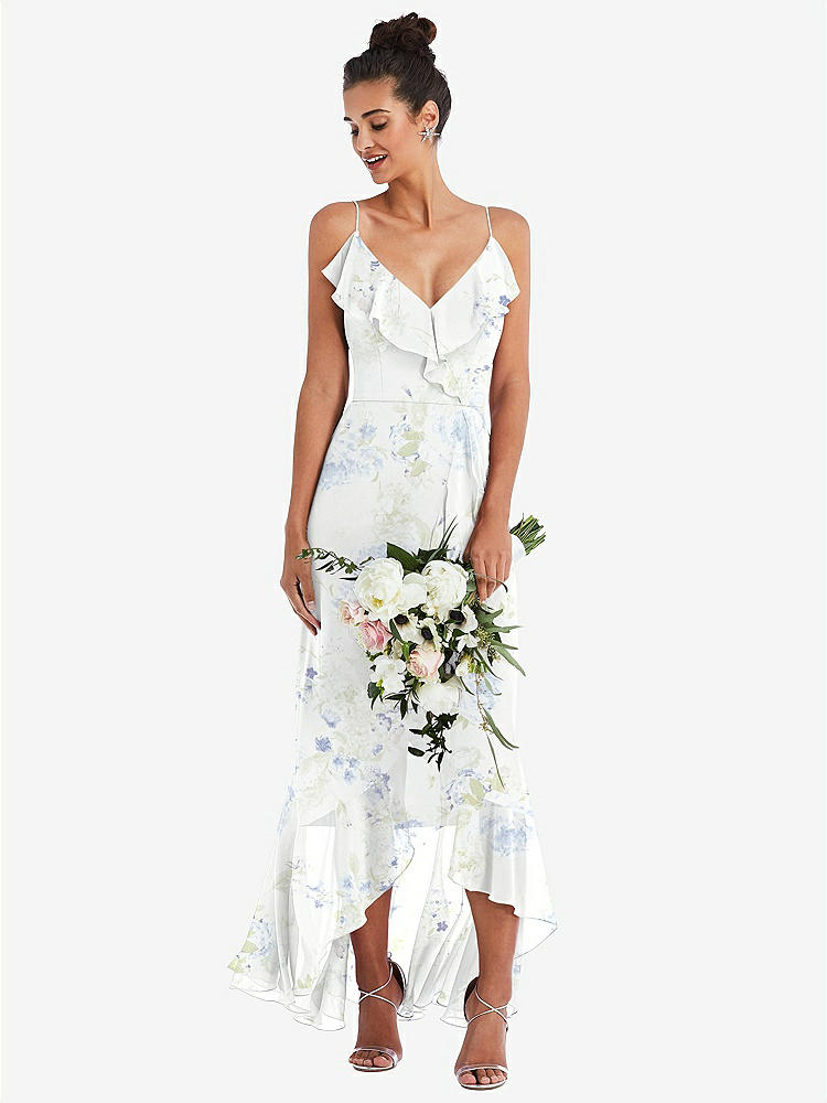 【STYLE: TH040】Ruffle-Trimmed V-Neck High Low Wrap Dress【COLOR: Bleu Garden】