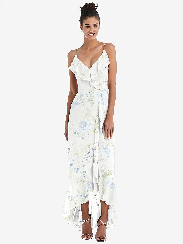 【STYLE: TH040】Ruffle-Trimmed V-Neck High Low Wrap Dress【COLOR: Bleu Garden】