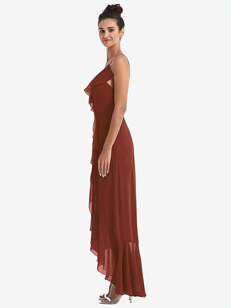 【STYLE: TH040】Ruffle-Trimmed V-Neck High Low Wrap Dress【COLOR: Auburn Moon】