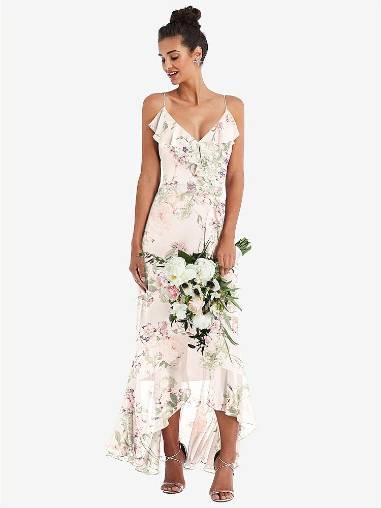 【STYLE: TH040】Ruffle-Trimmed V-Neck High Low Wrap Dress【COLOR: Blush Garden】