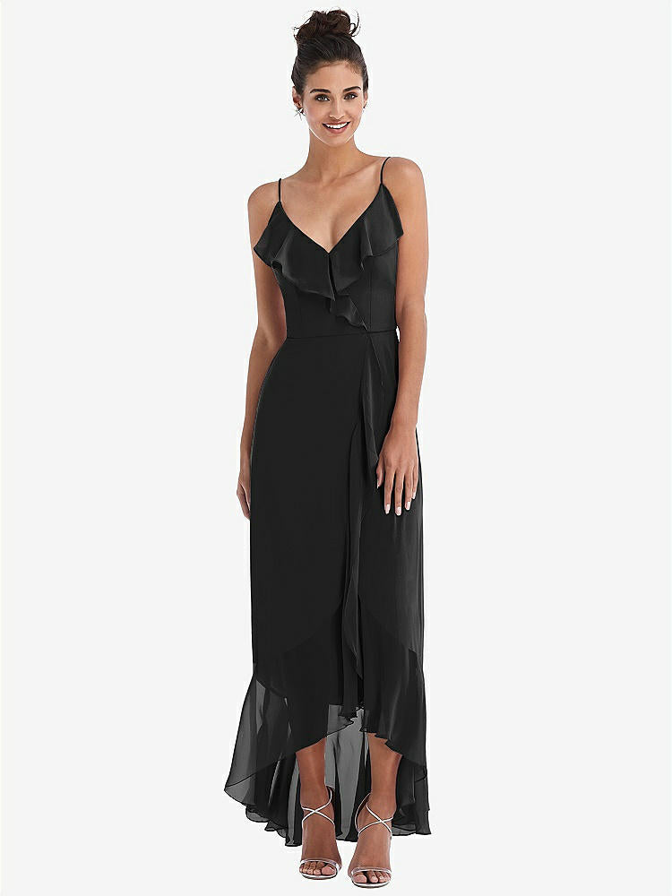 【NEW】【STYLE: TH040】Ruffle-Trimmed V-Neck High Low ラップ ドレス【COLOR: Black】【SIZE: 00-30W】