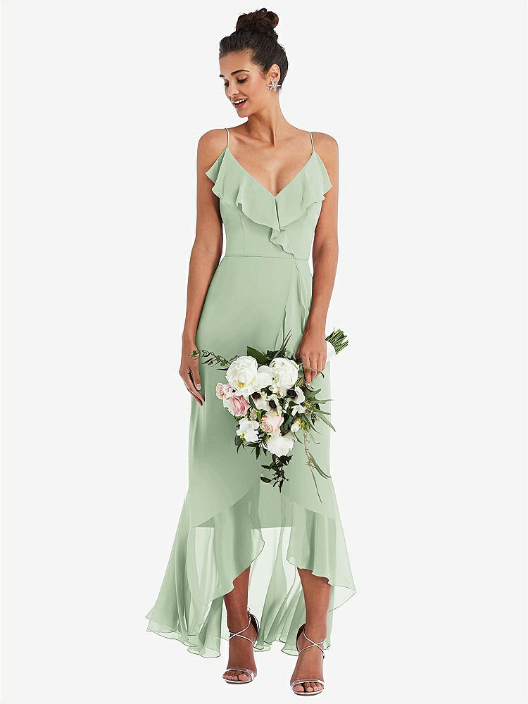 【NEW】【STYLE: TH040】Ruffle-Trimmed V-Neck High Low ラップ ドレス【COLOR: Celadon】【SIZE: 00-30W】