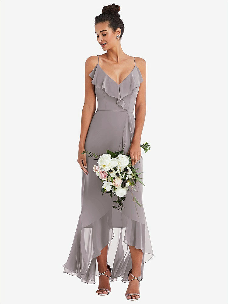 【STYLE: TH040】Ruffle-Trimmed V-Neck High Low Wrap Dress【COLOR: Cashmere Gray】