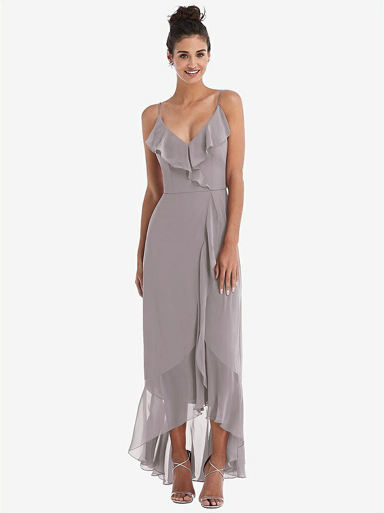 【STYLE: TH040】Ruffle-Trimmed V-Neck High Low Wrap Dress【COLOR: Cashmere Gray】