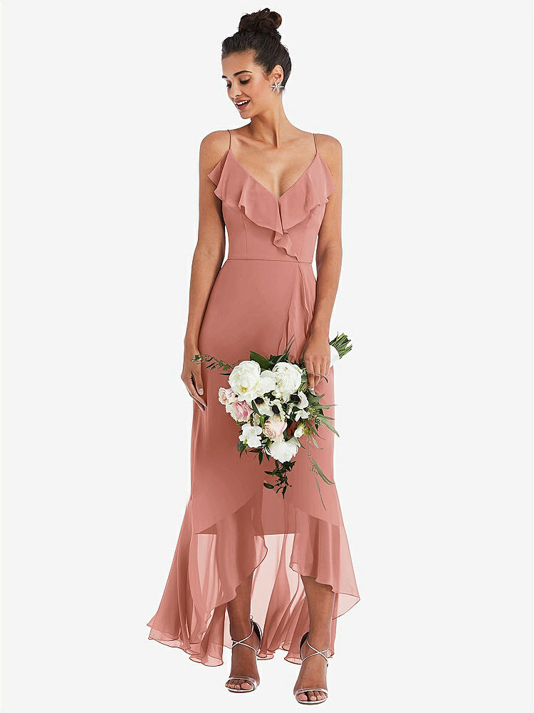 【STYLE: TH040】Ruffle-Trimmed V-Neck High Low Wrap Dress【COLOR: Desert Rose】