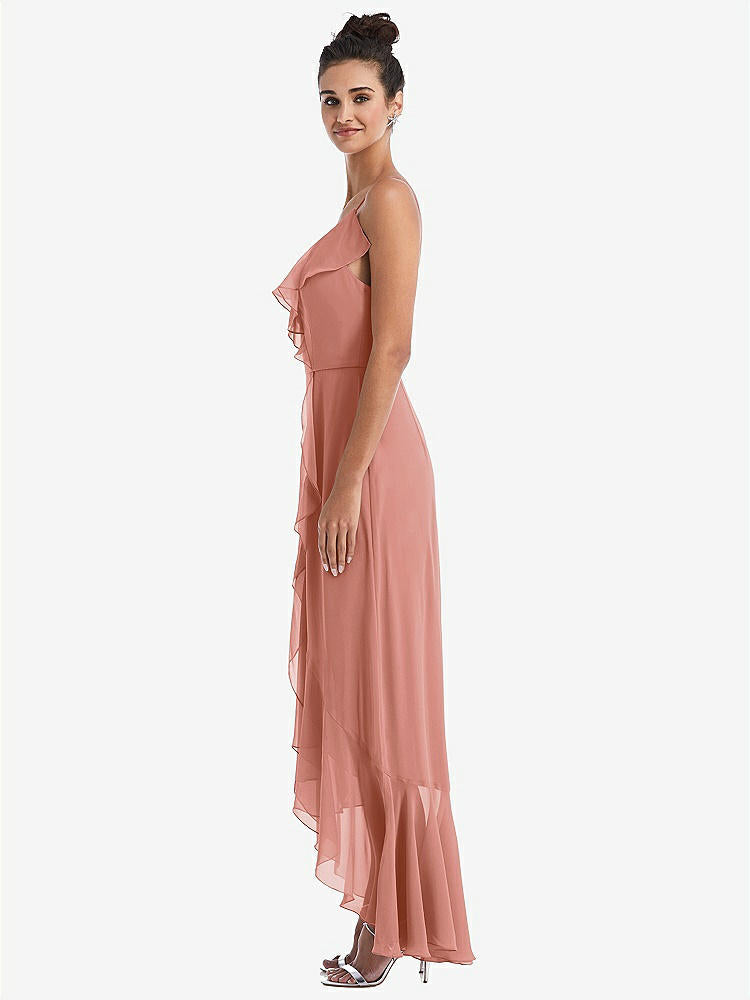 【STYLE: TH040】Ruffle-Trimmed V-Neck High Low Wrap Dress【COLOR: Desert Rose】