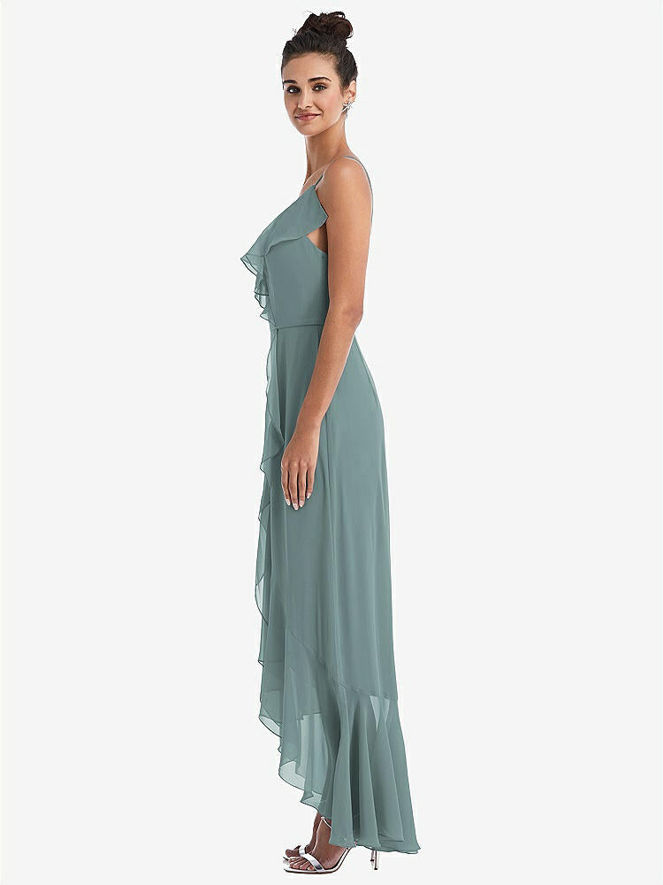 【STYLE: TH040】Ruffle-Trimmed V-Neck High Low Wrap Dress【COLOR: Icelandic】