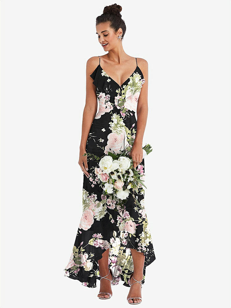 【NEW】【STYLE: TH040】Ruffle-Trimmed V-Neck High Low ラップ ドレス【COLOR: Noir Garden】【SIZE: 00-30W】