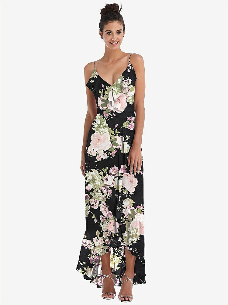 【NEW】【STYLE: TH040】Ruffle-Trimmed V-Neck High Low ラップ ドレス【COLOR: Noir Garden】【SIZE: 00-30W】