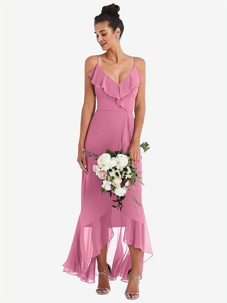 【NEW】【STYLE: TH040】Ruffle-Trimmed V-Neck High Low ラップ ドレス【COLOR: Orchid Pink】【SIZE: 00-30W】