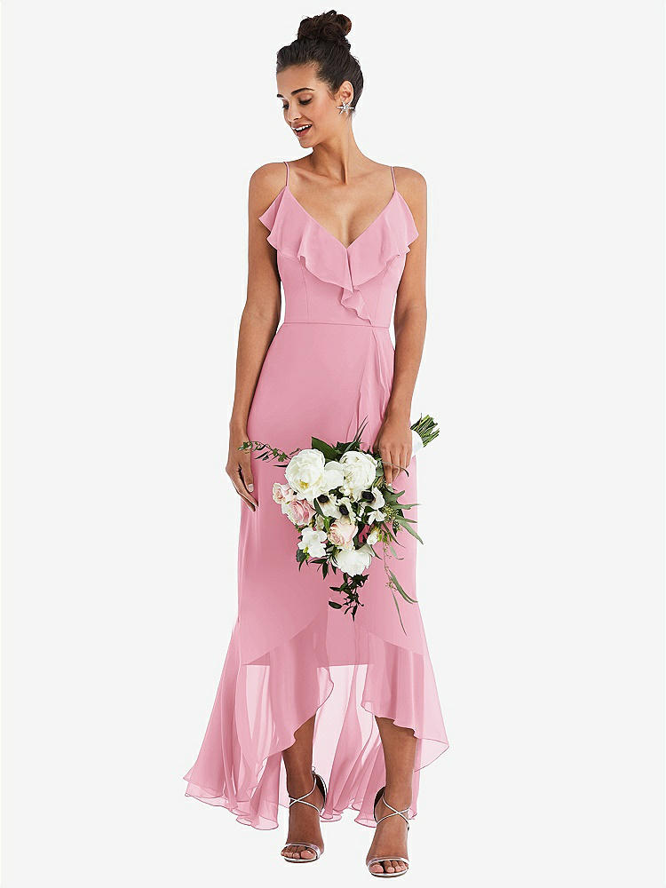 【STYLE: TH040】Ruffle-Trimmed V-Neck High Low Wrap Dress【COLOR: Peony Pink】