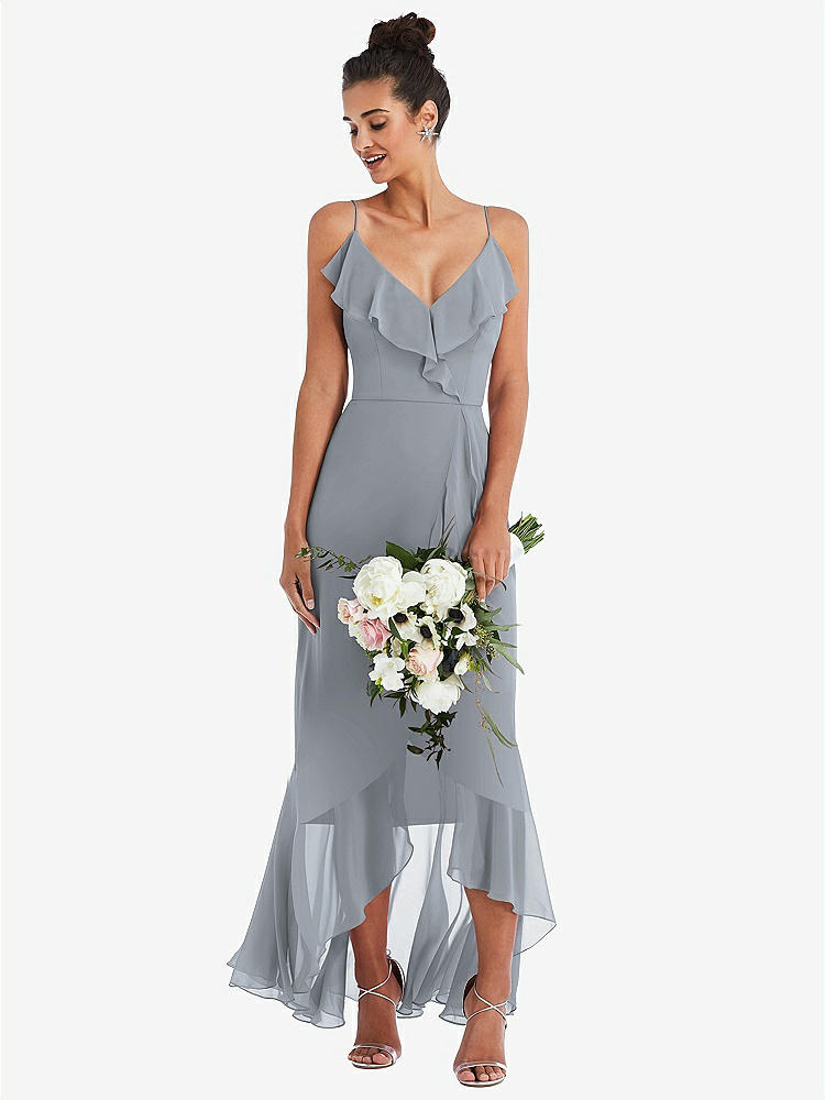 【STYLE: TH040】Ruffle-Trimmed V-Neck High Low Wrap Dress【COLOR: Platinum】