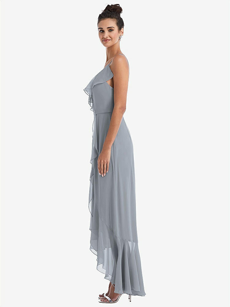 【STYLE: TH040】Ruffle-Trimmed V-Neck High Low Wrap Dress【COLOR: Platinum】