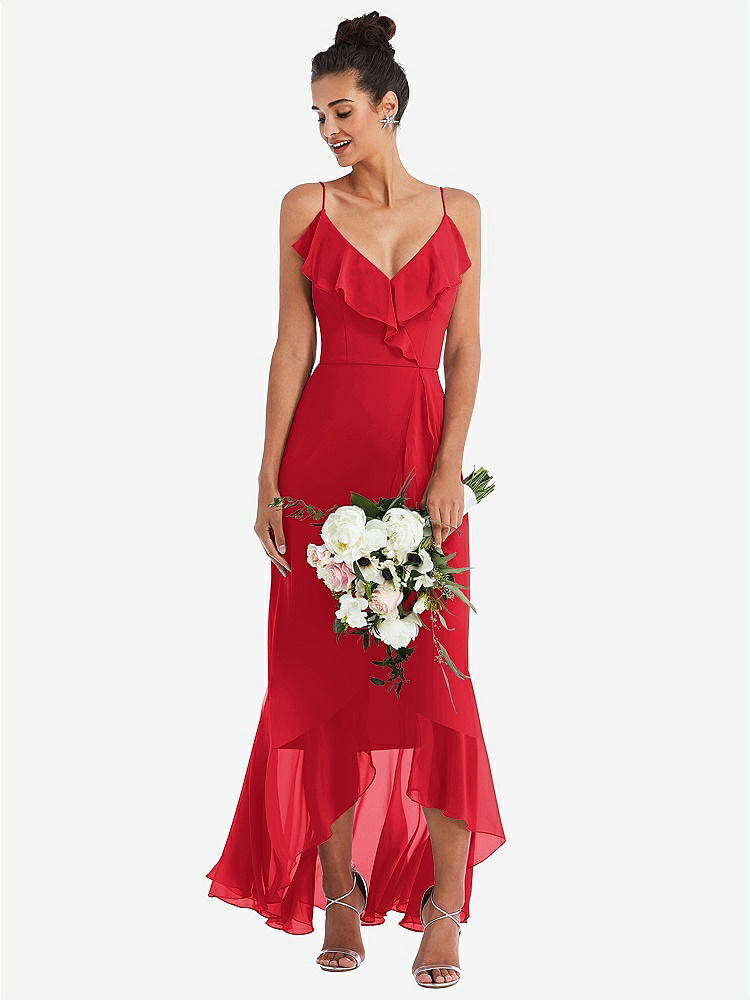 【NEW】【STYLE: TH040】Ruffle-Trimmed V-Neck High Low ラップ ドレス【COLOR: Parisian Red】【SIZE: 00-30W】