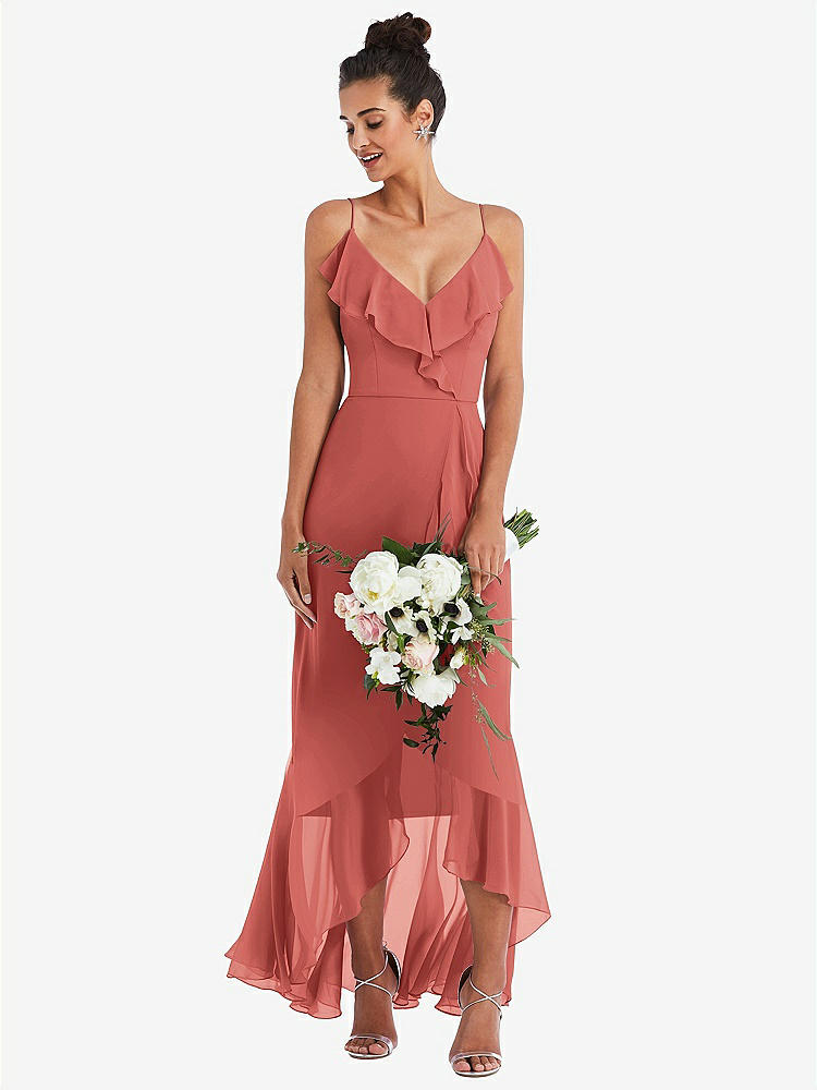 【NEW】【STYLE: TH040】Ruffle-Trimmed V-Neck High Low ラップ ドレス【COLOR: Coral Pink】【SIZE: 00-30W】