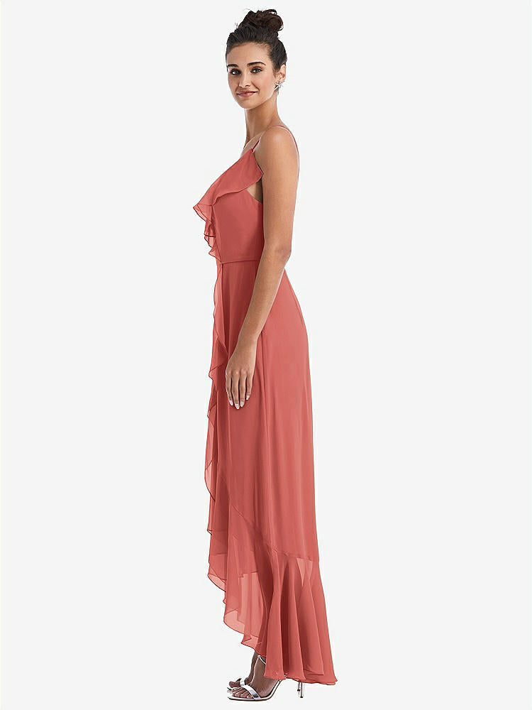【NEW】【STYLE: TH040】Ruffle-Trimmed V-Neck High Low ラップ ドレス【COLOR: Coral Pink】【SIZE: 00-30W】