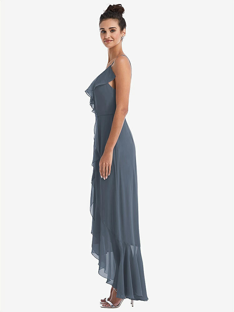 【STYLE: TH040】Ruffle-Trimmed V-Neck High Low Wrap Dress【COLOR: Silverstone】