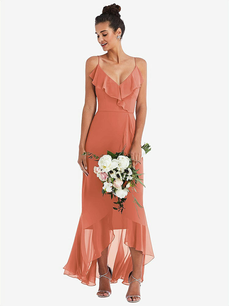【STYLE: TH040】Ruffle-Trimmed V-Neck High Low Wrap Dress【COLOR: Terracotta Copper】