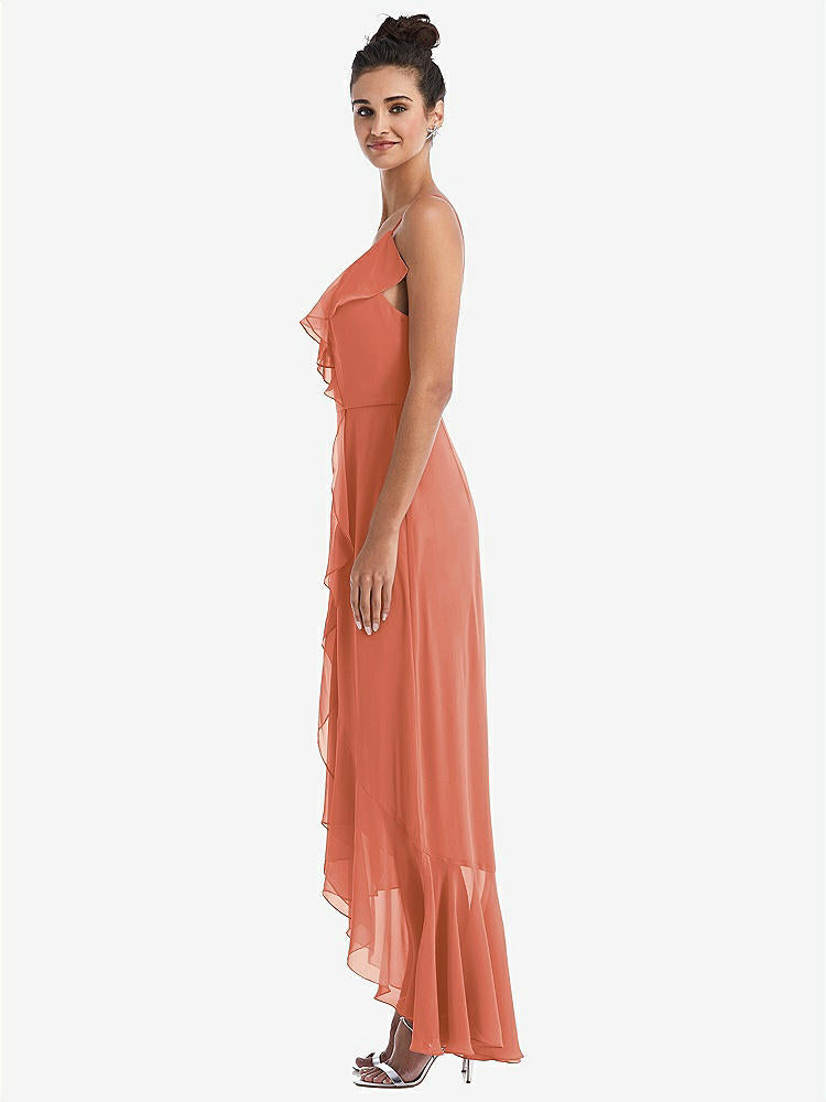 【STYLE: TH040】Ruffle-Trimmed V-Neck High Low Wrap Dress【COLOR: Terracotta Copper】