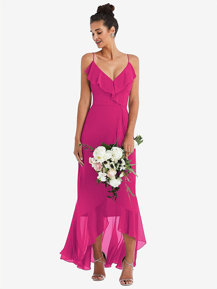 【NEW】【STYLE: TH040】Ruffle-Trimmed V-Neck High Low ラップ ドレス【COLOR: Think Pink】【SIZE: 00-30W】