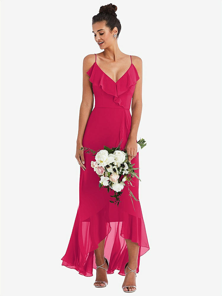 【STYLE: TH040】Ruffle-Trimmed V-Neck High Low Wrap Dress【COLOR: Vivid Pink】