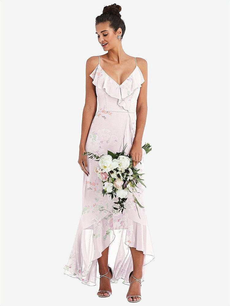 【STYLE: TH040】Ruffle-Trimmed V-Neck High Low Wrap Dress【COLOR: Watercolor Print】