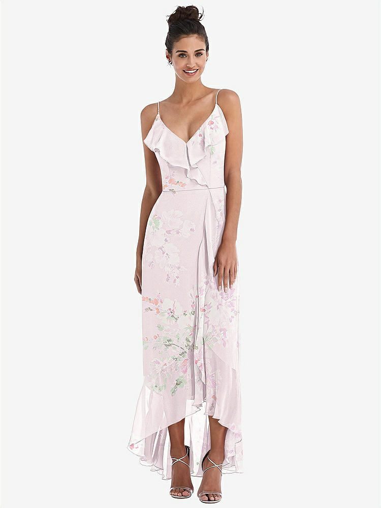 【STYLE: TH040】Ruffle-Trimmed V-Neck High Low Wrap Dress【COLOR: Watercolor Print】