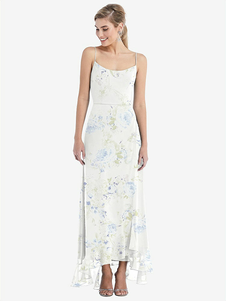 【STYLE: TH041】Scoop Neck Ruffle-Trimmed High Low Maxi Dress【COLOR: Bleu Garden】