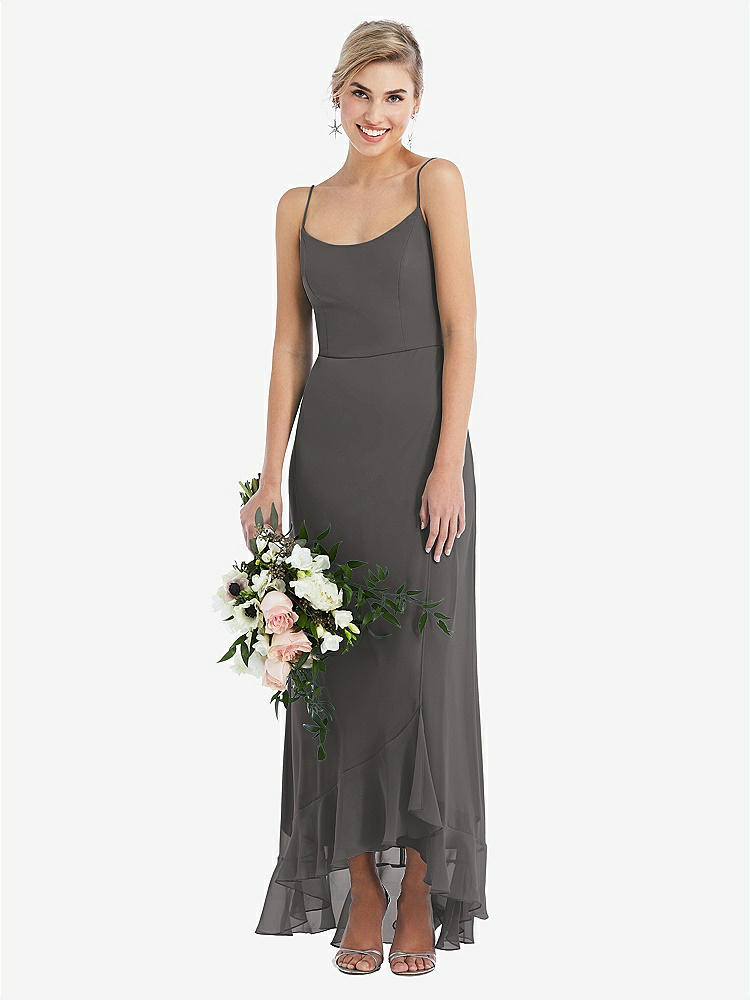 【STYLE: TH041】Scoop Neck Ruffle-Trimmed High Low Maxi Dress【COLOR: Caviar Gray】