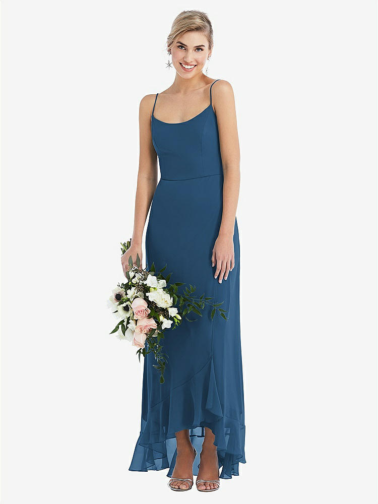 【STYLE: TH041】Scoop Neck Ruffle-Trimmed High Low Maxi Dress【COLOR: Dusk Blue】