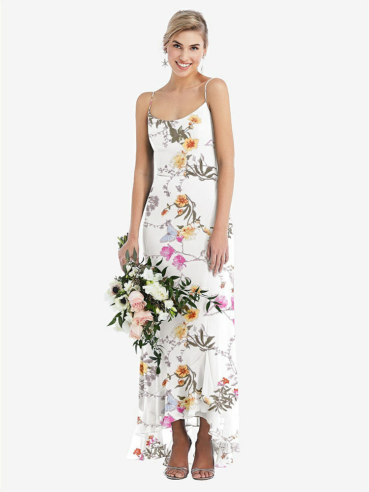 【NEW】【STYLE: TH041】スクープ 首 フリルトリム 高 低 マキシ ドレス【COLOR: Butterfly Botanica Ivory】【SIZE: 00-30W】