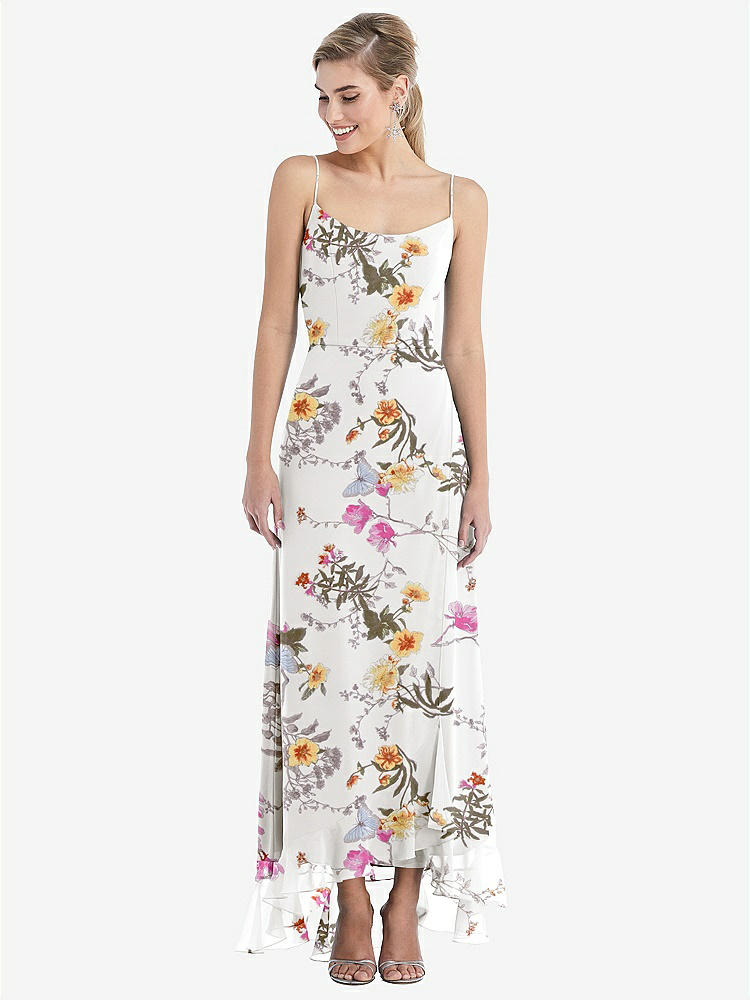 【NEW】【STYLE: TH041】スクープ 首 フリルトリム 高 低 マキシ ドレス【COLOR: Butterfly Botanica Ivory】【SIZE: 00-30W】