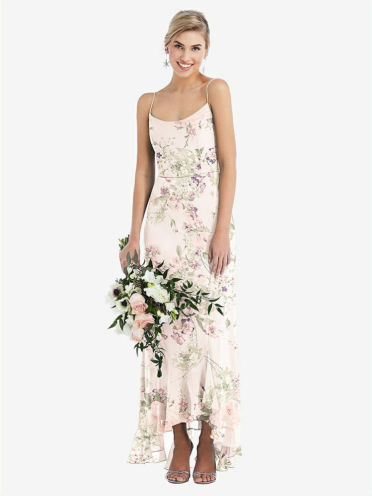 【NEW】【STYLE: TH041】スクープ 首 フリルトリム 高 低 マキシ ドレス【COLOR: Blush Garden】【SIZE: 00-30W】