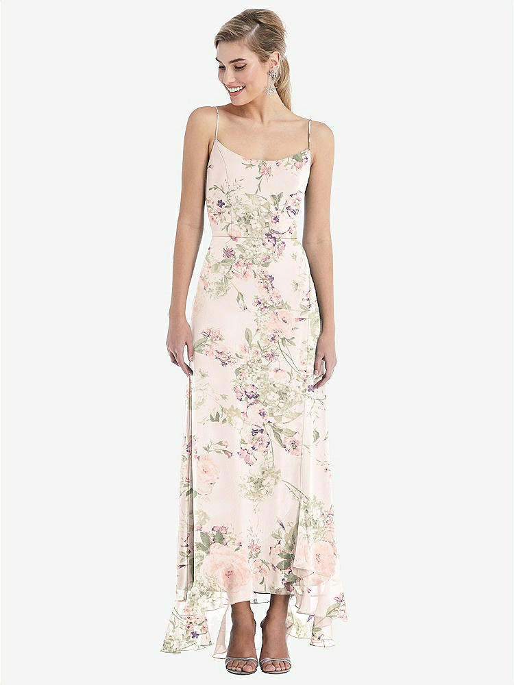 【NEW】【STYLE: TH041】スクープ 首 フリルトリム 高 低 マキシ ドレス【COLOR: Blush Garden】【SIZE: 00-30W】