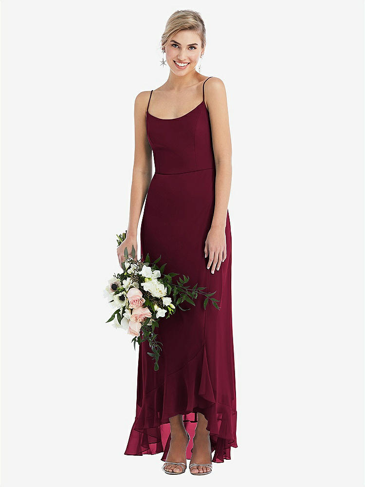 【NEW】【STYLE: TH041】スクープ 首 フリルトリム 高 低 マキシ ドレス【COLOR: Cabernet】【SIZE: 00-30W】