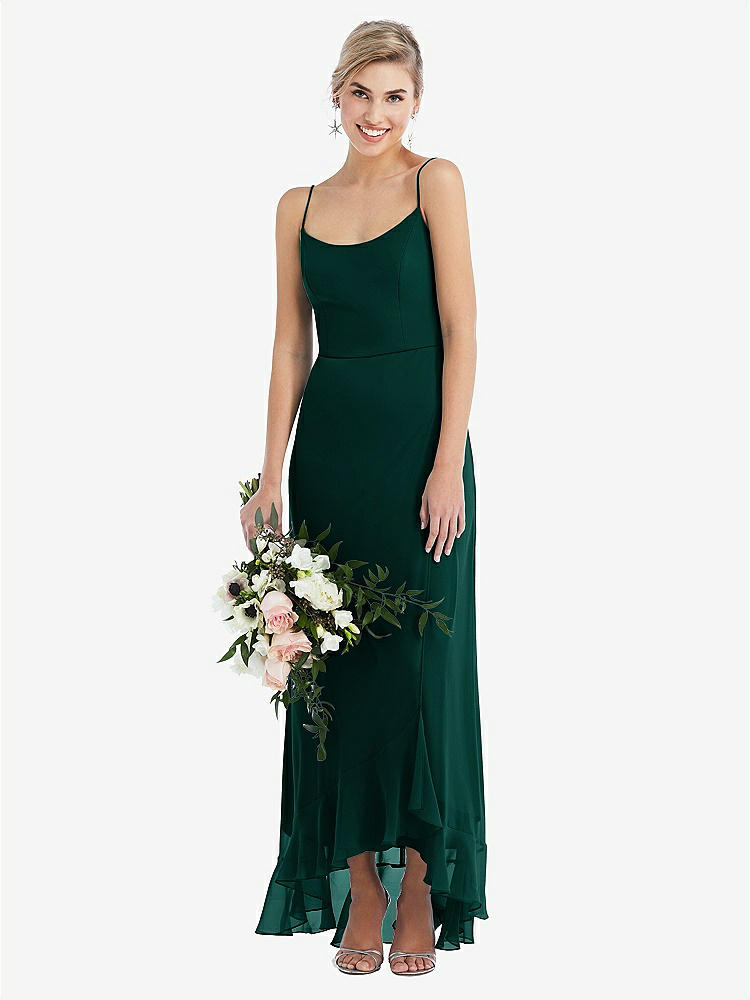 【STYLE: TH041】Scoop Neck Ruffle-Trimmed High Low Maxi Dress【COLOR: Evergreen】