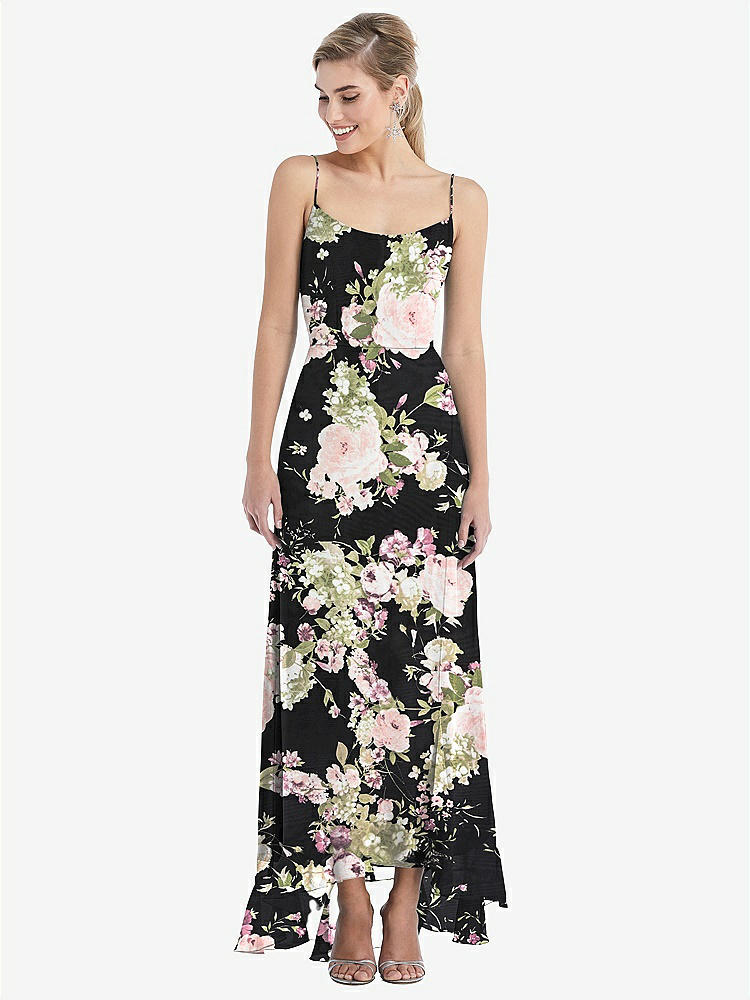 【STYLE: TH041】Scoop Neck Ruffle-Trimmed High Low Maxi Dress【COLOR: Noir Garden】