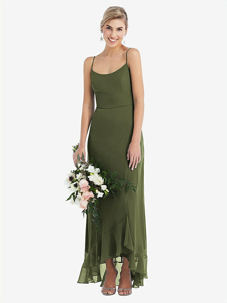 【STYLE: TH041】Scoop Neck Ruffle-Trimmed High Low Maxi Dress【COLOR: Olive Green】